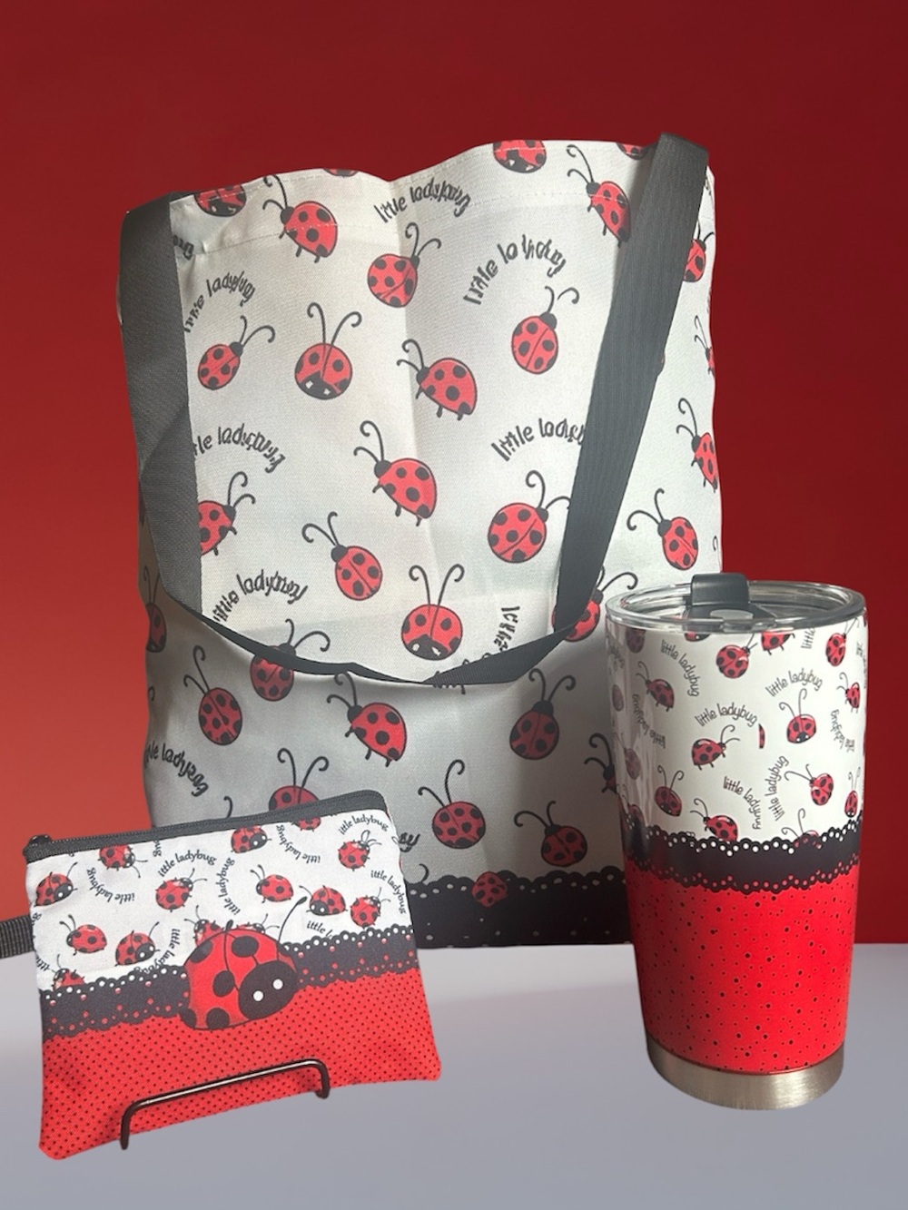 Matching Ladybug Print Lightweight Tote Bag, 20 oz Tumbler & Small Coin Bag New